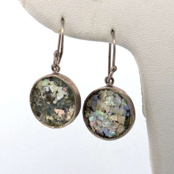 Estate Sterling Silver 925 Round Confetti Shell Drop Earrings, 4.3g, Marked - Picture 1 of 8